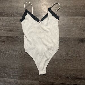 White Ribbed Bodysuit with Black Lace Trim